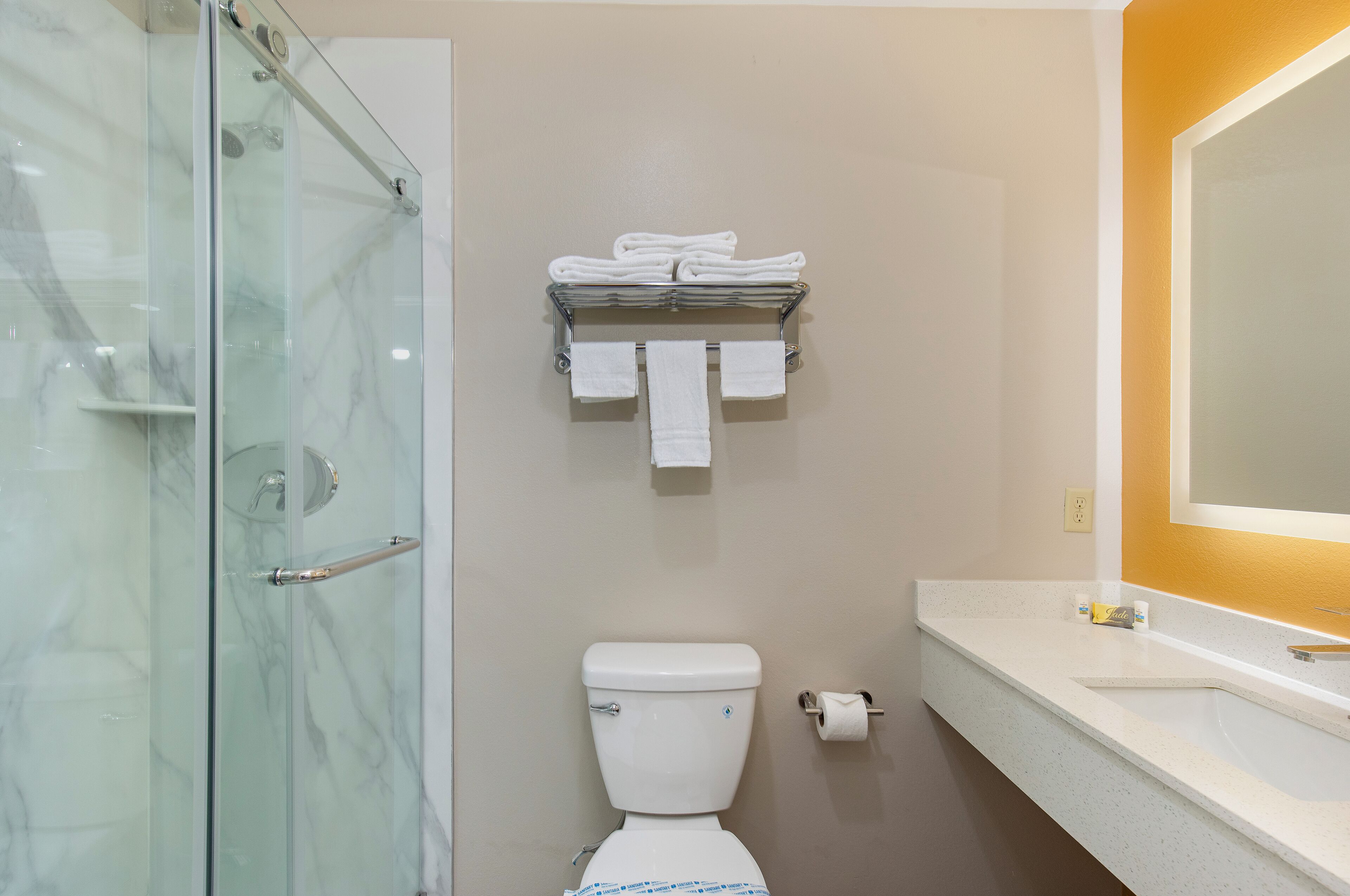 A bathroom with a glass shower enclosure, a toilet, a towel rack with folded towels, and a sink with a mirror.
