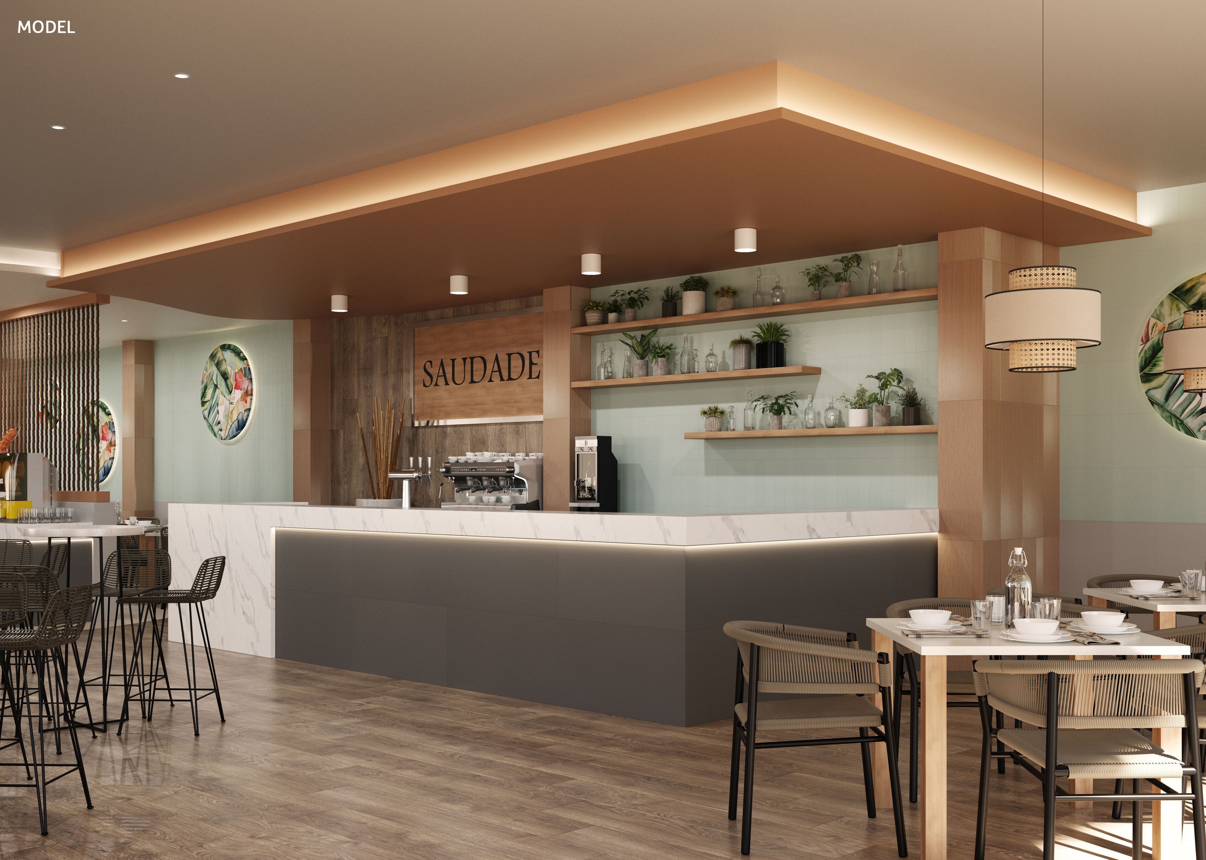 Un café moderno con mostrador central, estantes de madera con plantas y una máquina de café.