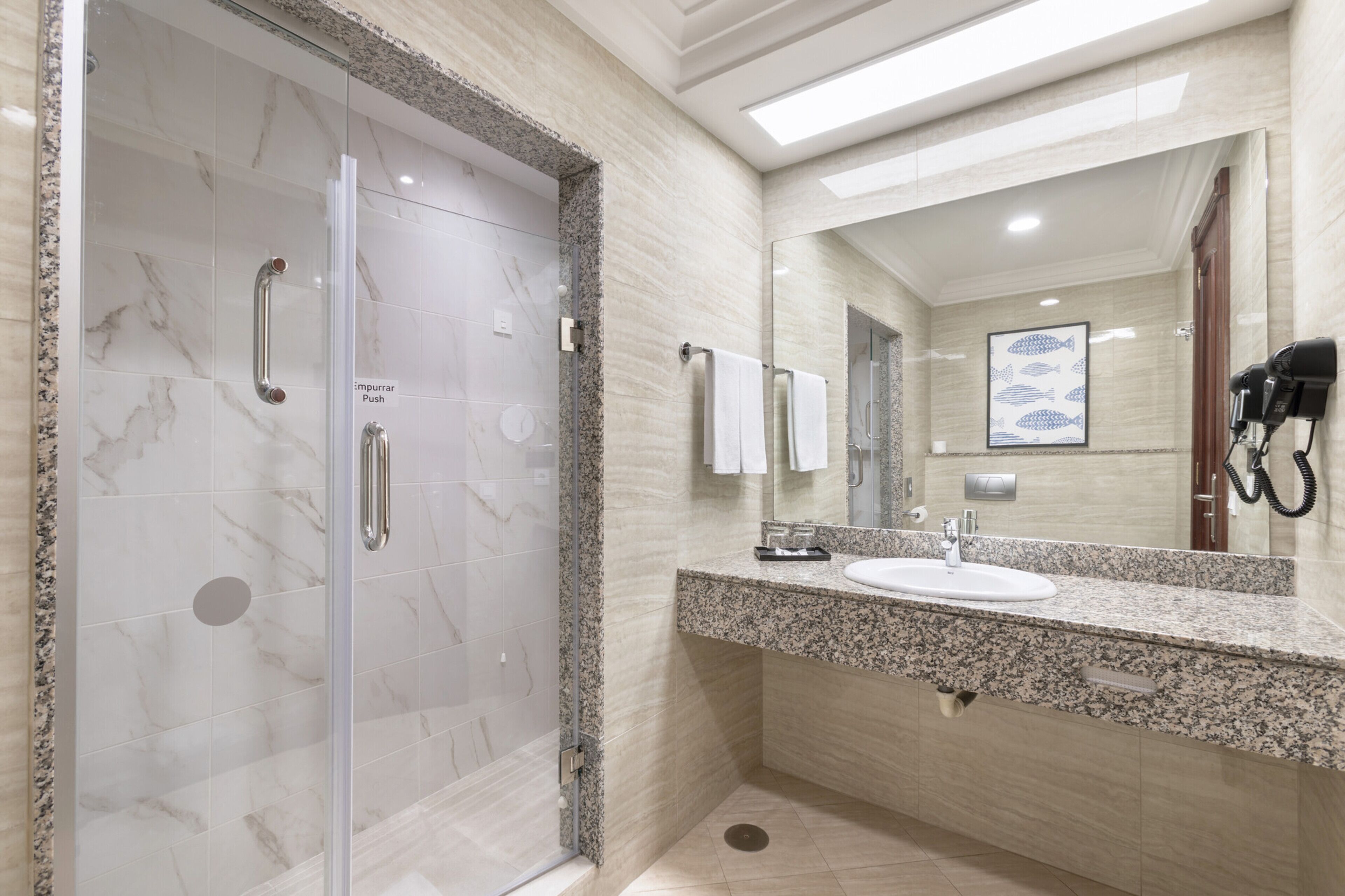 shower, eco-friendly toiletries, hair dryer, towels