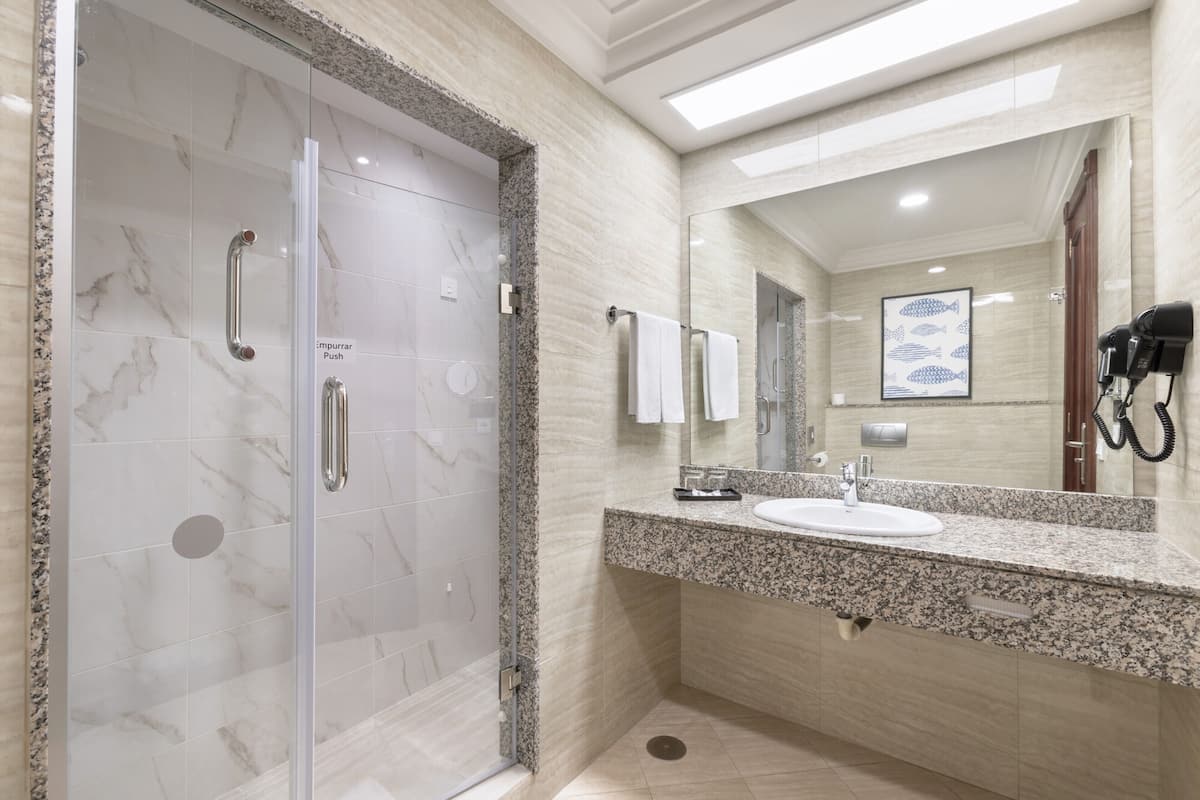 shower, eco-friendly toiletries, hair dryer, towels