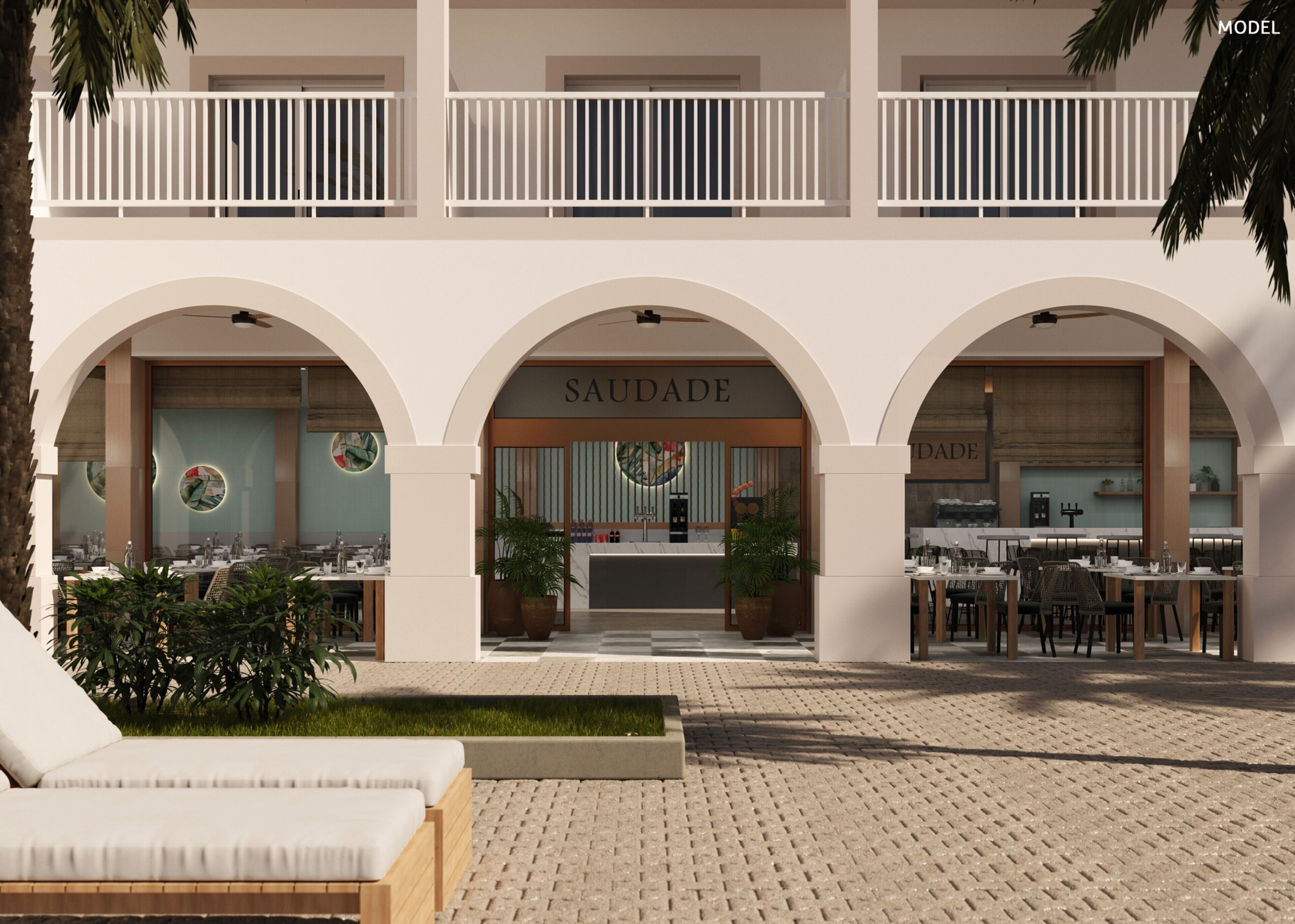 A hotel with a central atrium, multiple dining areas, and a reception desk.