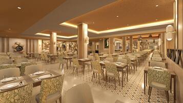 Un restaurant spacieux, doté de nombreuses tables, de chaises et d’un sol à motifs.