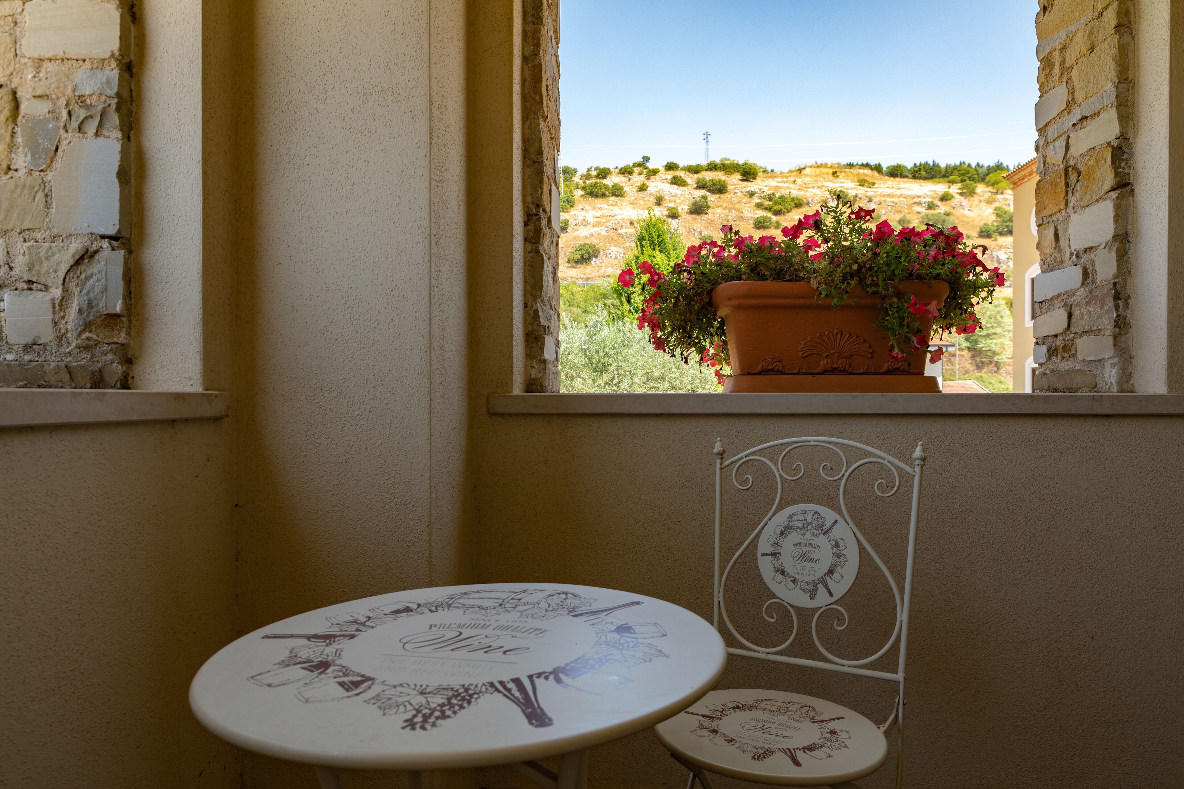Una habitación con vista a una colina, una mesa con mantel temático de vino y una silla con respaldo decorativo.