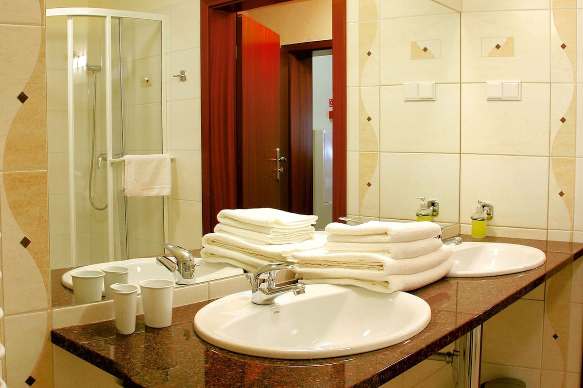 standard double or twin room | bathroom | rainfall showerhead, free toiletries, hair dryer, towels
