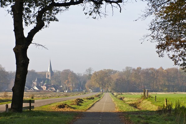 A rural road leading to a church with a steeple, surrounded by trees and open fields. - De Klomp - Charme Hotel & Restaurant (Vilsteren)