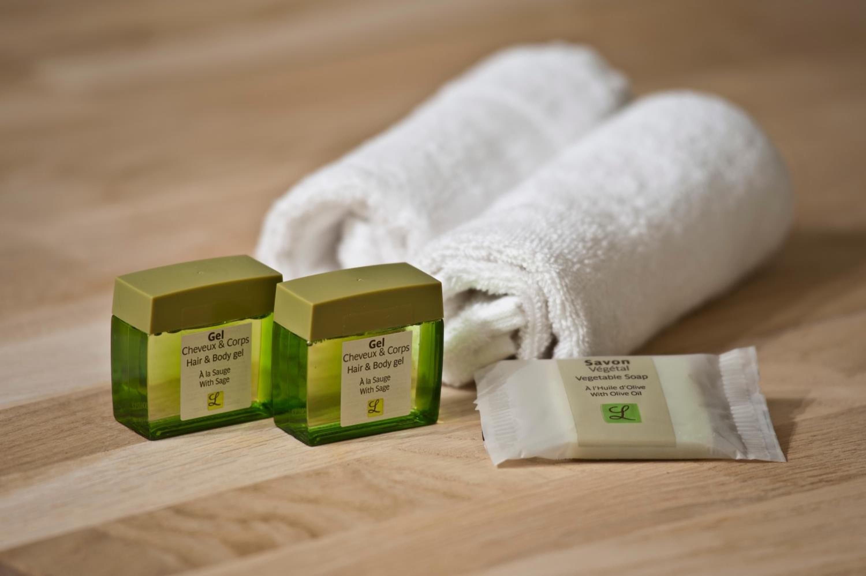 free toiletries, hair dryer, towels