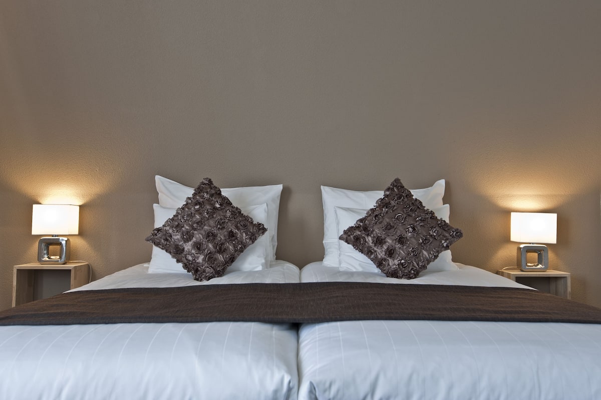 Un lit bien fait, avec du linge de lit blanc et deux coussins décoratifs, flanqué de deux tables de chevet sur lesquelles sont posées des lampes.