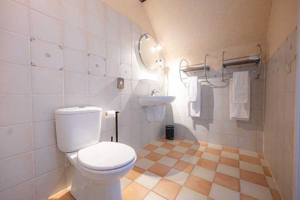 Un baño con inodoro, lavamanos y espejo.