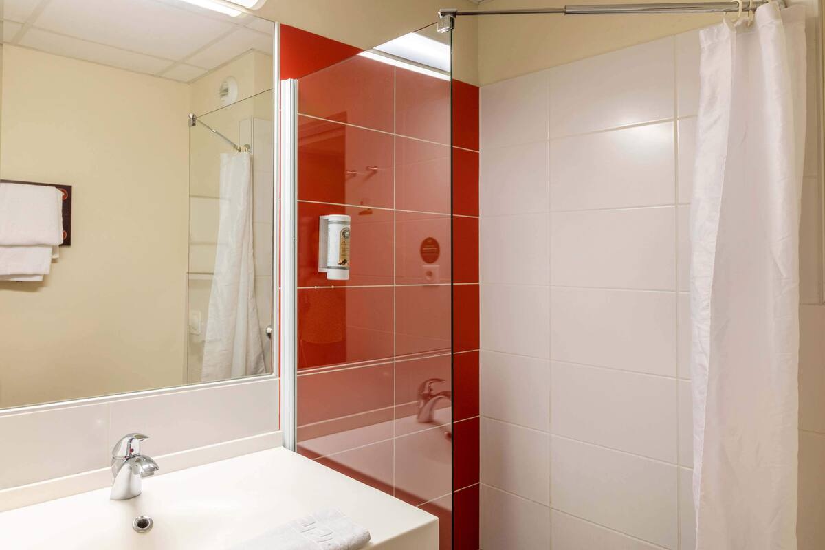 shower, free toiletries, hair dryer, towels