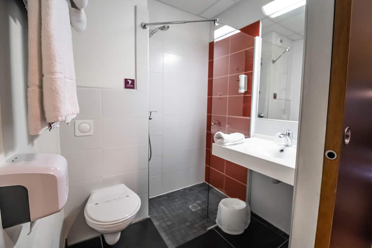 shower, free toiletries, hair dryer, towels