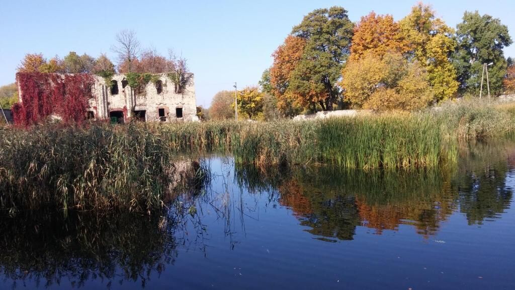 Un edificio histórico frente a una masa de agua, rodeado de árboles con follaje otoñal.