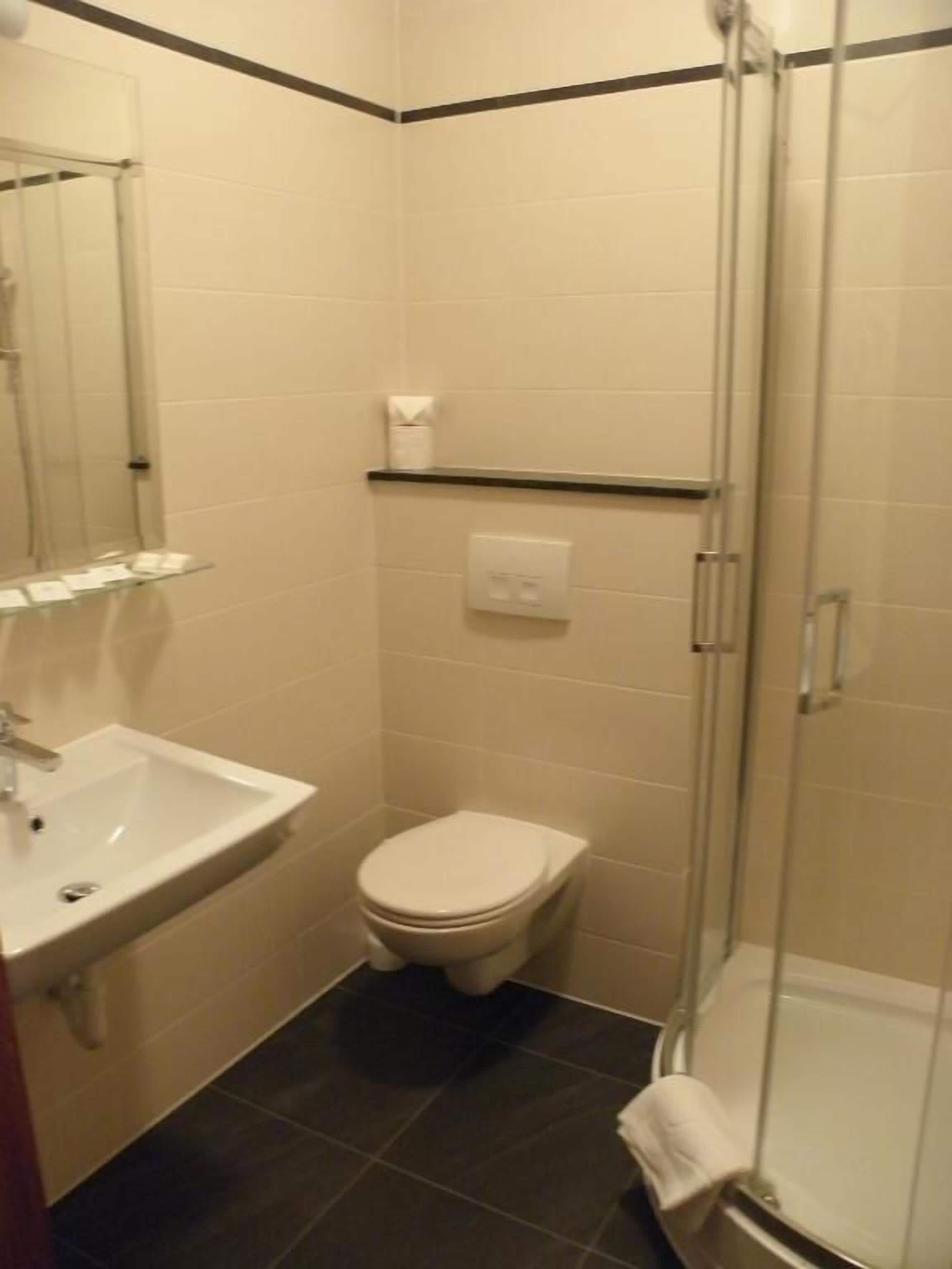 A bathroom with a sink, toilet, and shower.