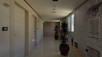 A long, narrow hallway with white tiled walls and a stone wall on one side. There are two potted plants and a door at the end of the hallway.
