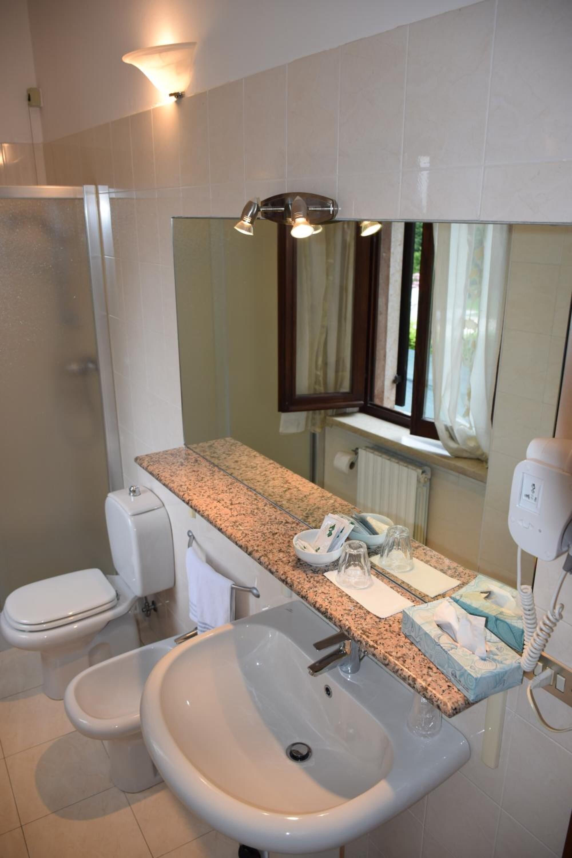 free toiletries, hair dryer, bidet, towels