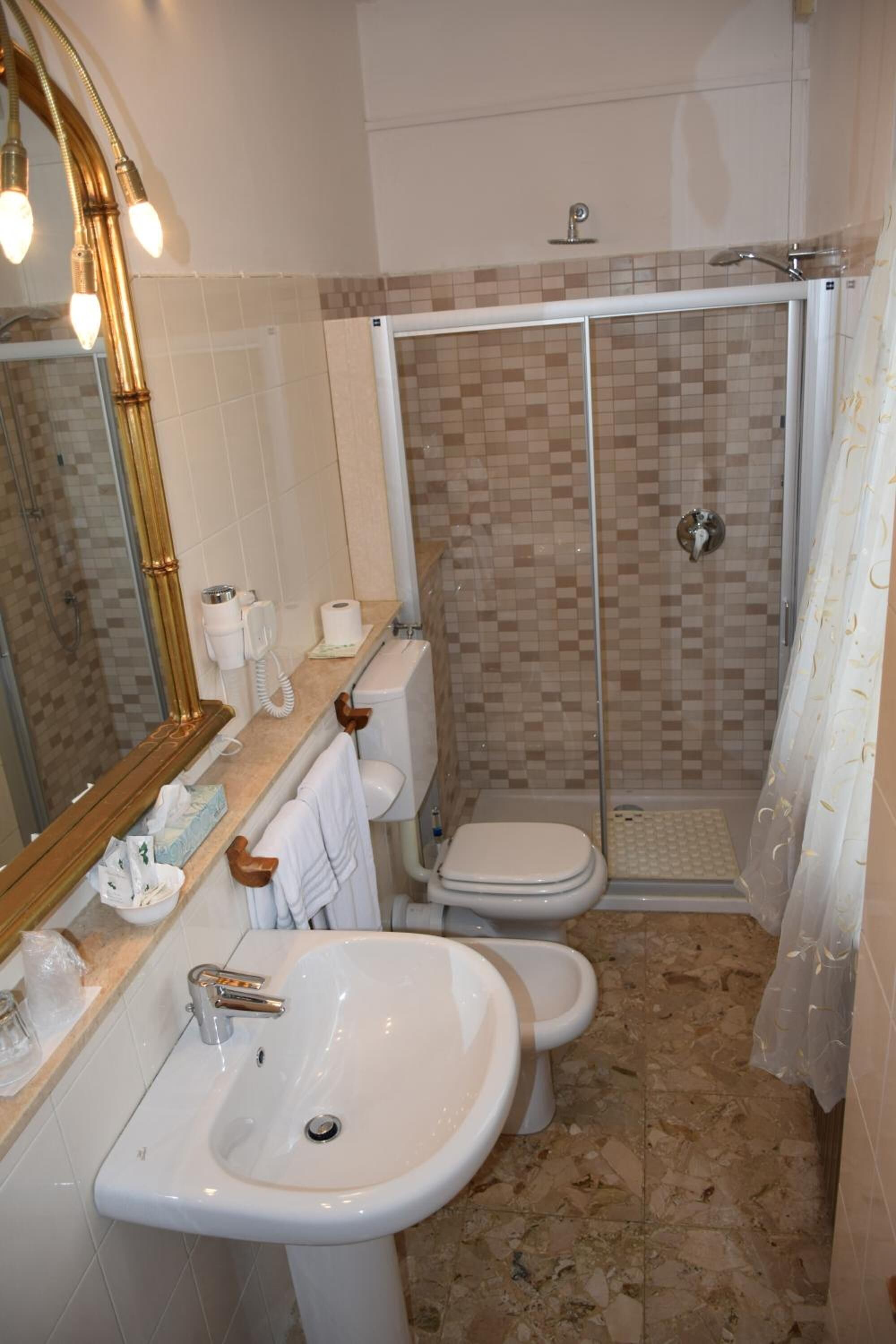 free toiletries, hair dryer, bidet, towels