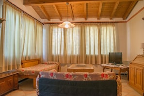 A cozy room with a bed, two sofas, a TV, and a wooden cabinet. - Park Hotel Elefante (Verona)