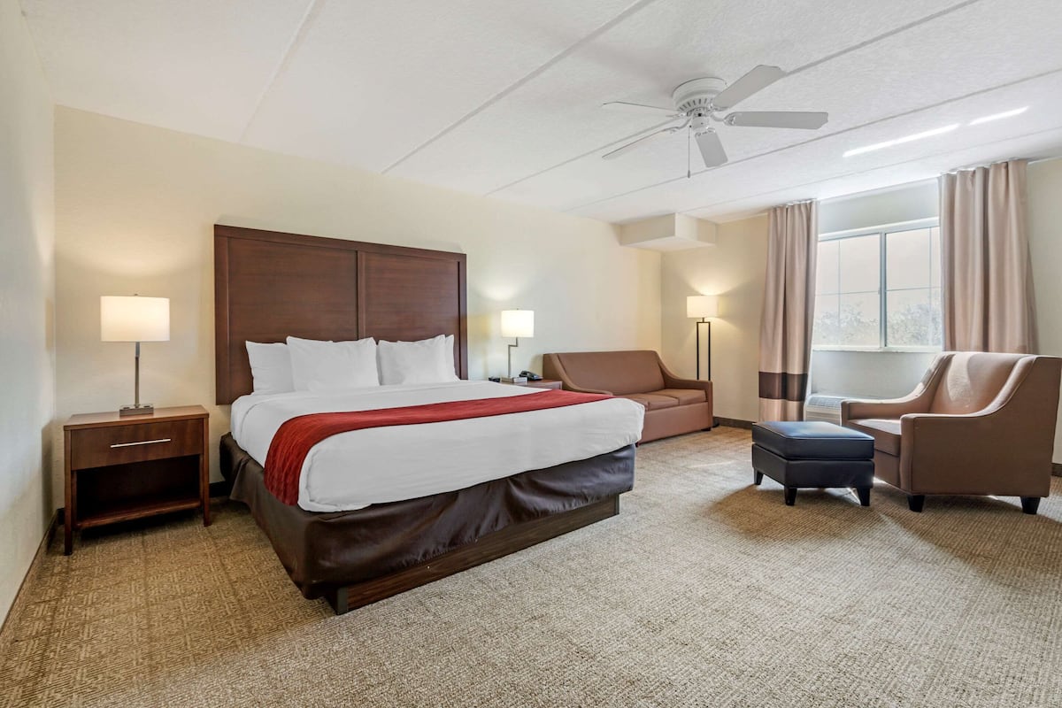 A hotel room with a bed, a chair, a desk, and a window.