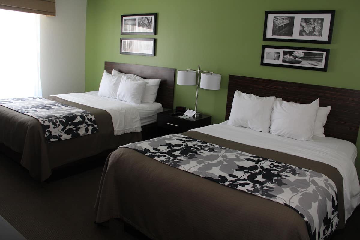 A hotel room with two beds, green walls, framed pictures, and a nightstand with a lamp.