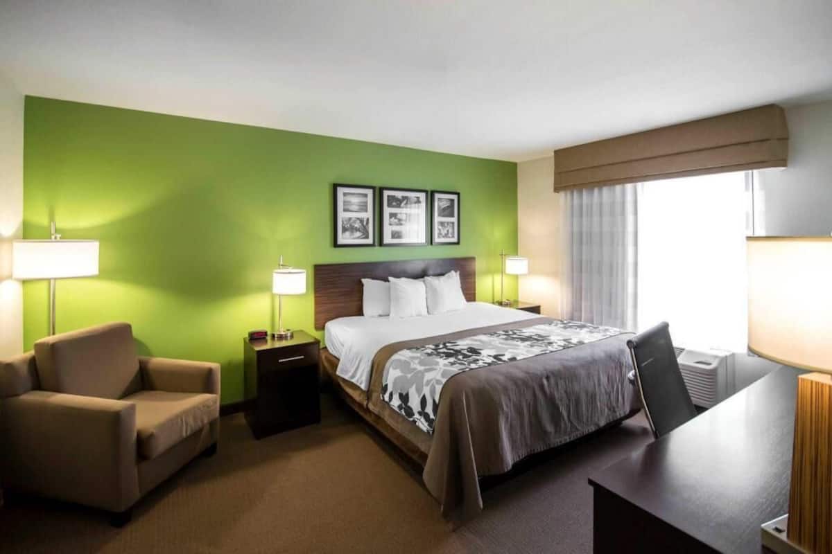 Une chambre d’hôtel avec un lit, deux tables de chevet, une chaise, un bureau et une fenêtre avec des rideaux.