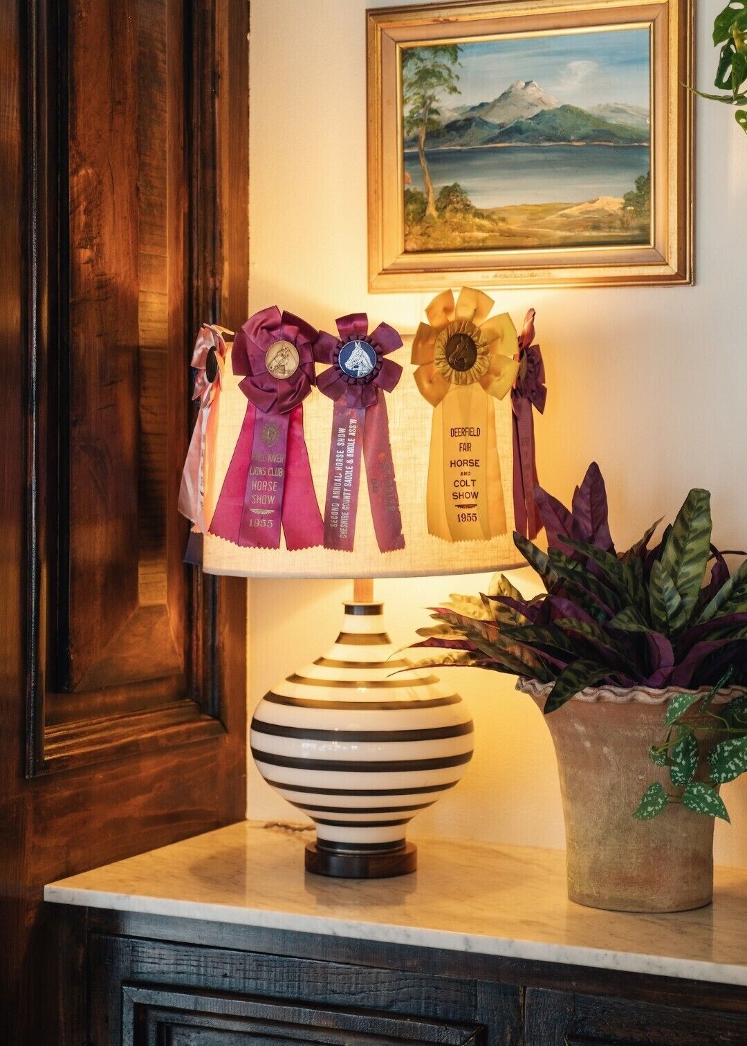 Une vitrine à trophées est posée sur une table, à côté d’une lampe et d’une plante en pot.