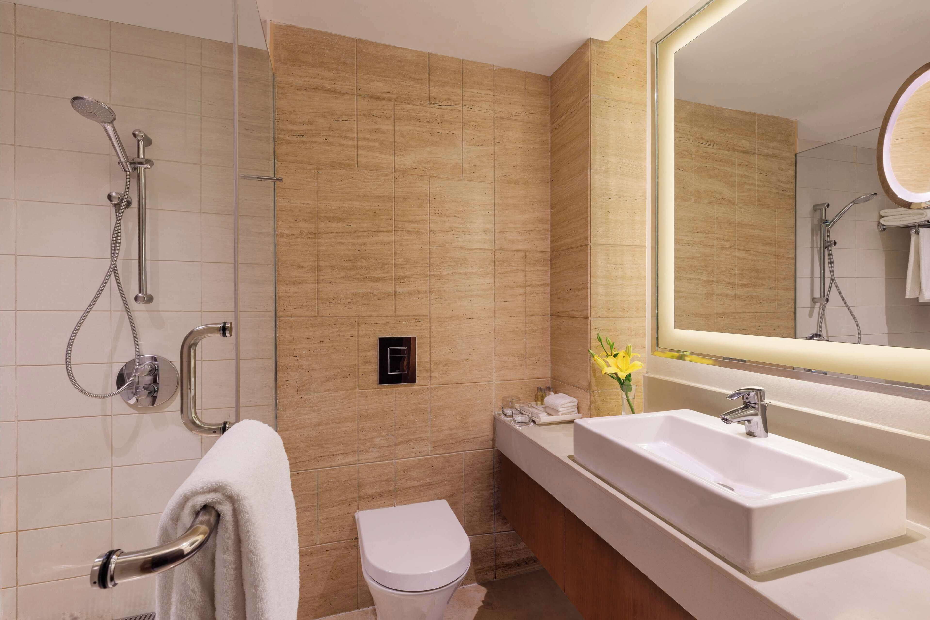A modern bathroom with a shower, toilet, sink, and mirror.