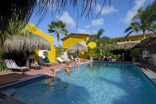 Outdoor pool, pool umbrellas, pool loungers