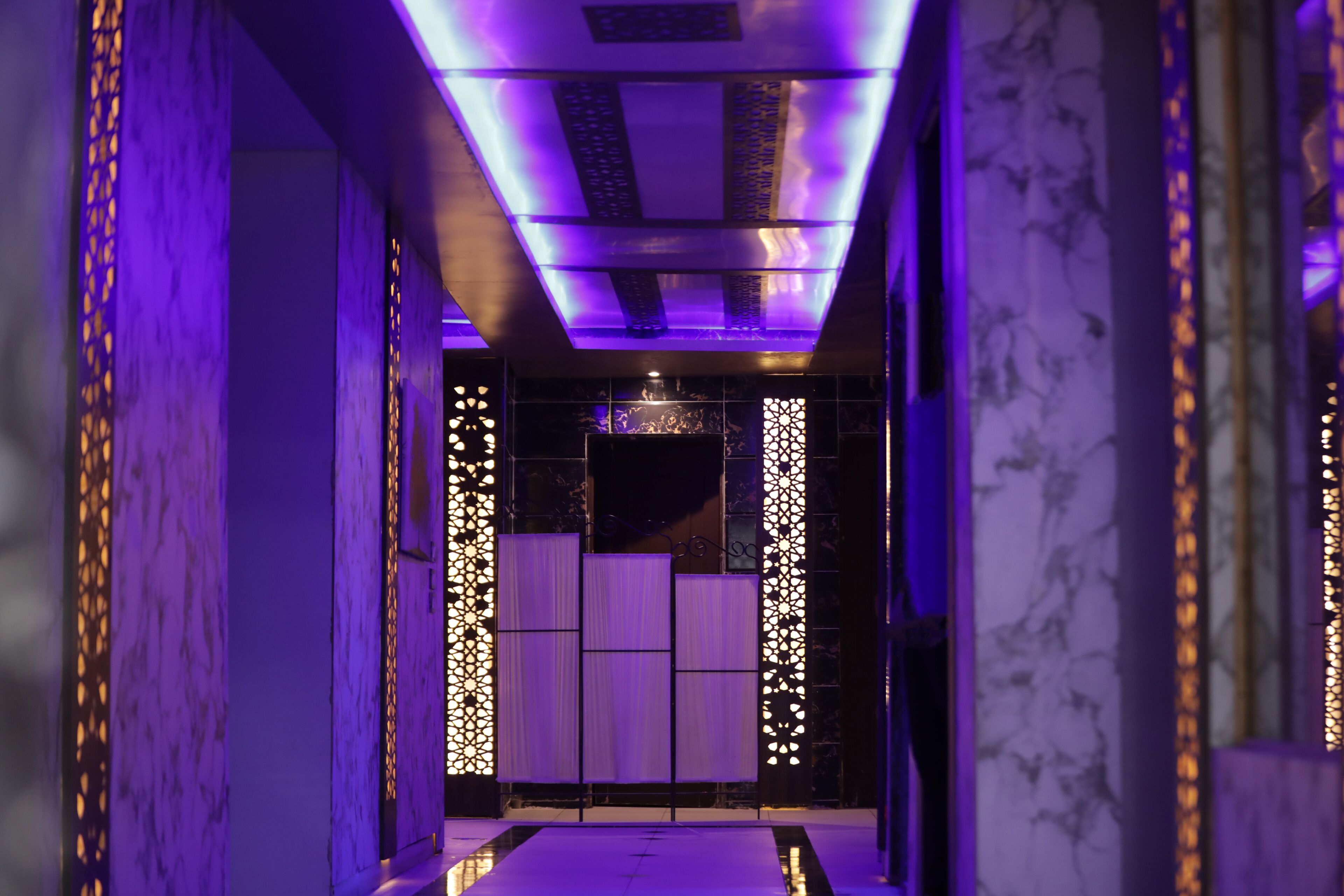 A hallway with a modern design, featuring a central light fixture and decorative panels on the walls.