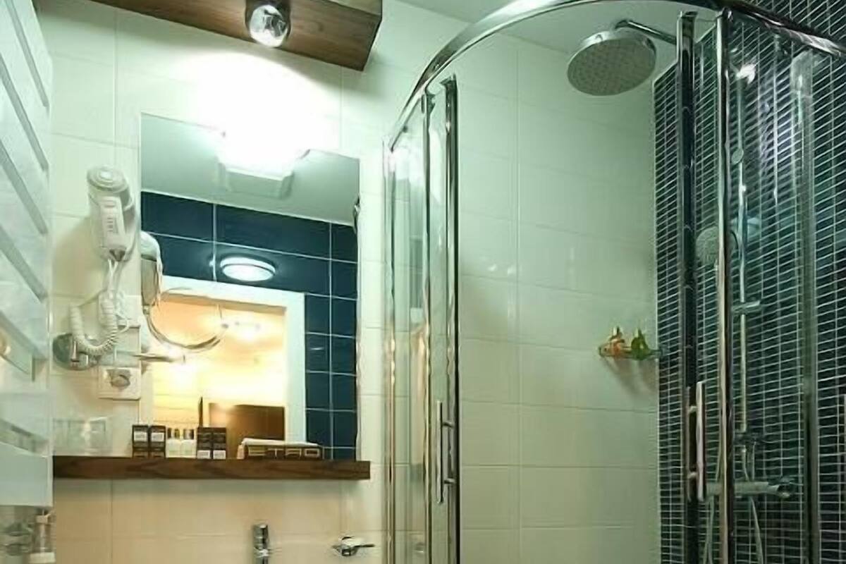 Shower, free toiletries, hair dryer, bathrobes