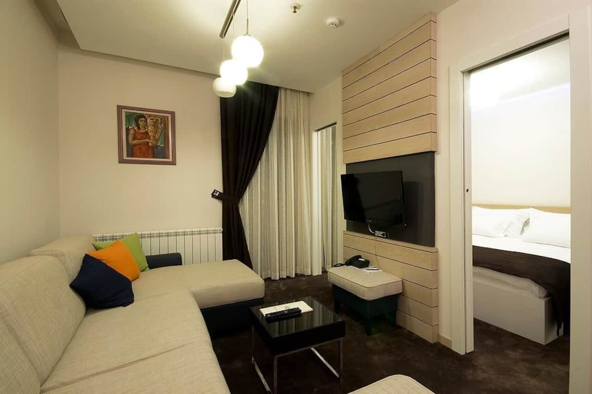 Suite, 1 habitación | Área de sala de estar | Televisión y reproductor de DVD