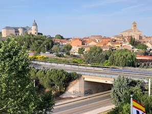 Un puente con un tren cruzándolo, rodeado de vegetación y edificios.