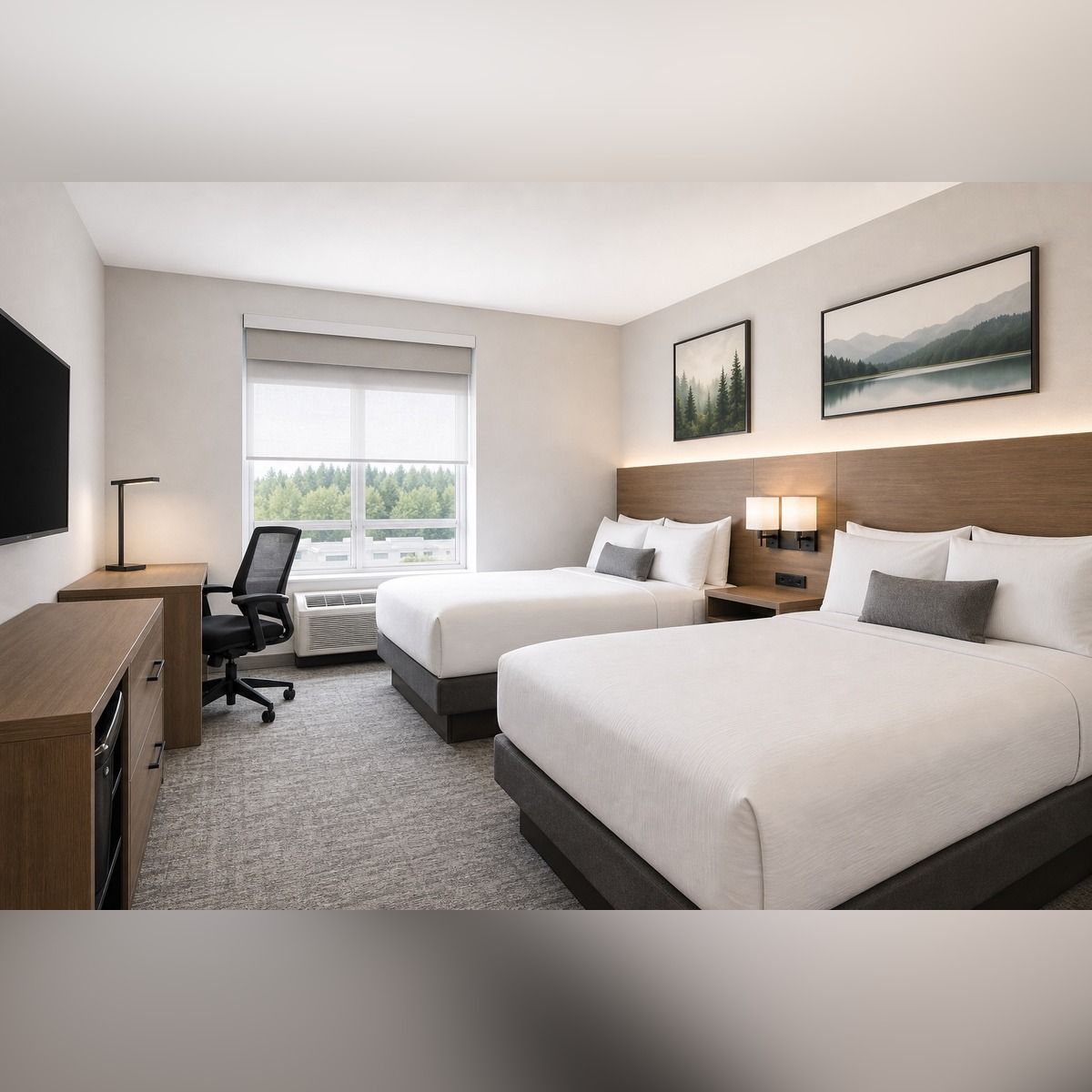 A hotel room with two beds, a desk, a chair, a TV, and a window with a view of trees.