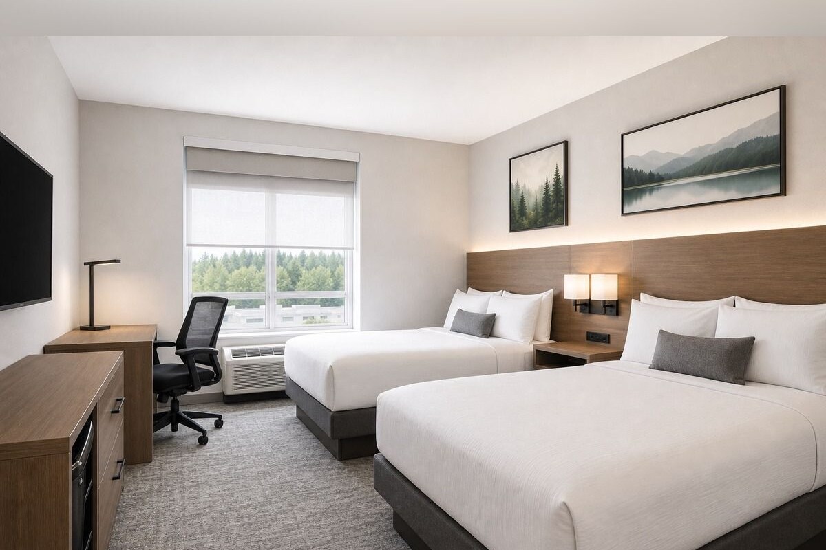 A hotel room with two beds, a desk, a chair, a TV, and a window with a view of trees.