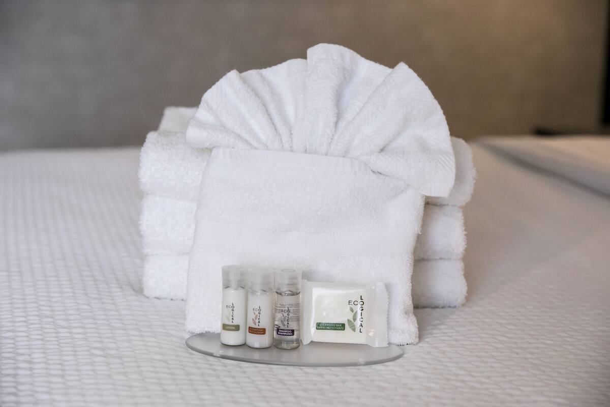 free toiletries, hair dryer, towels