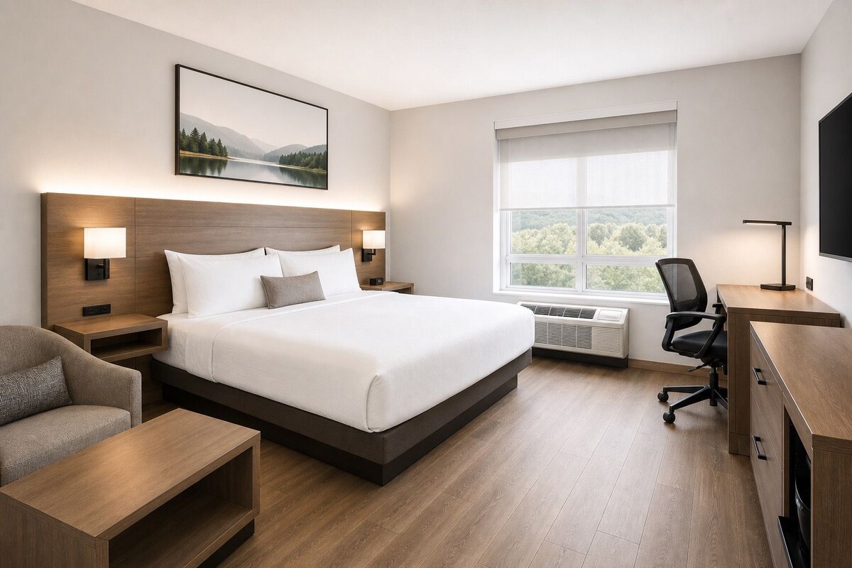 A hotel room with a large bed, bedside tables, a desk, a chair, a TV, and a window with a view of trees.