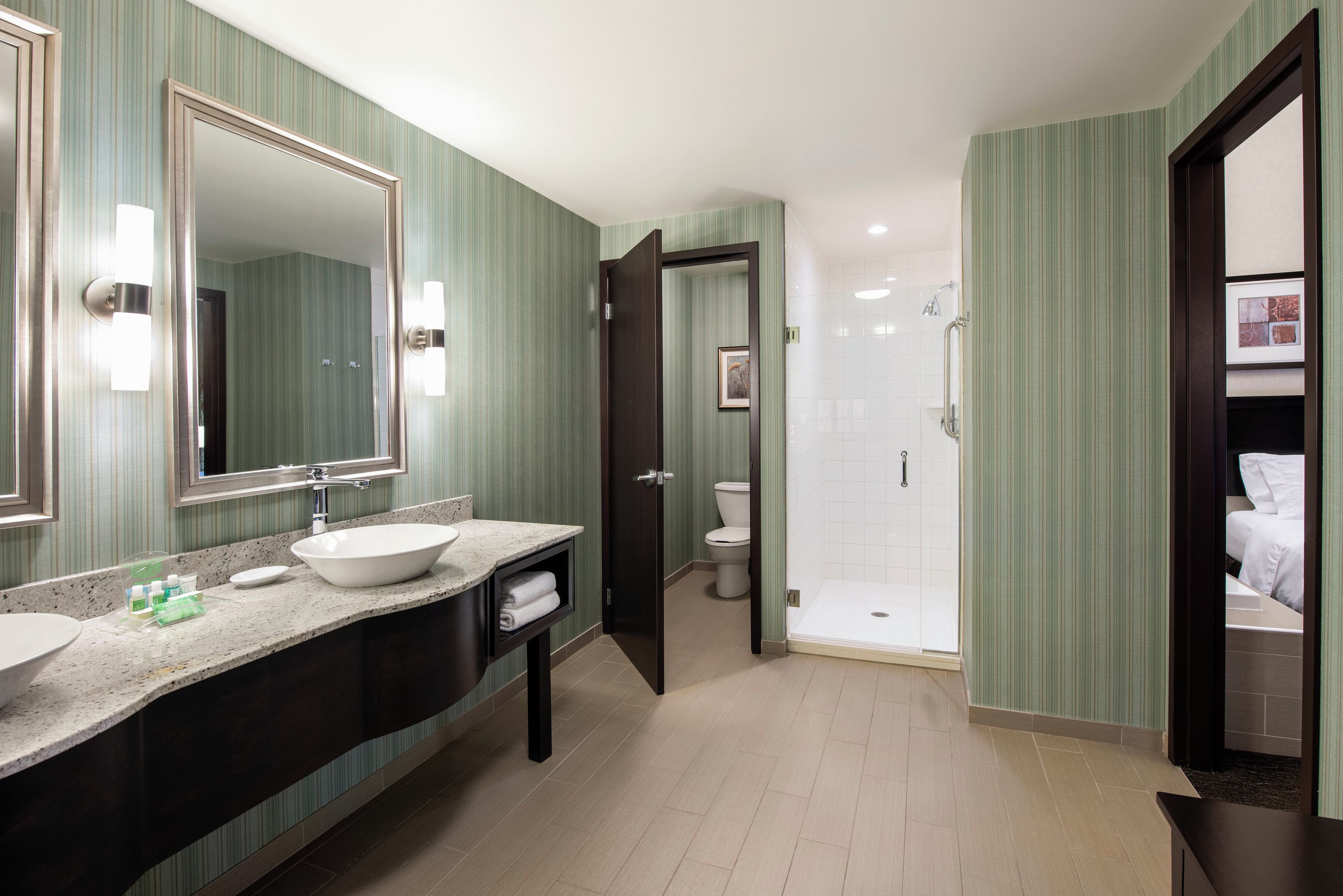Une salle de bain d’hôtel avec un grand miroir, un lavabo, des toilettes et un espace douche.