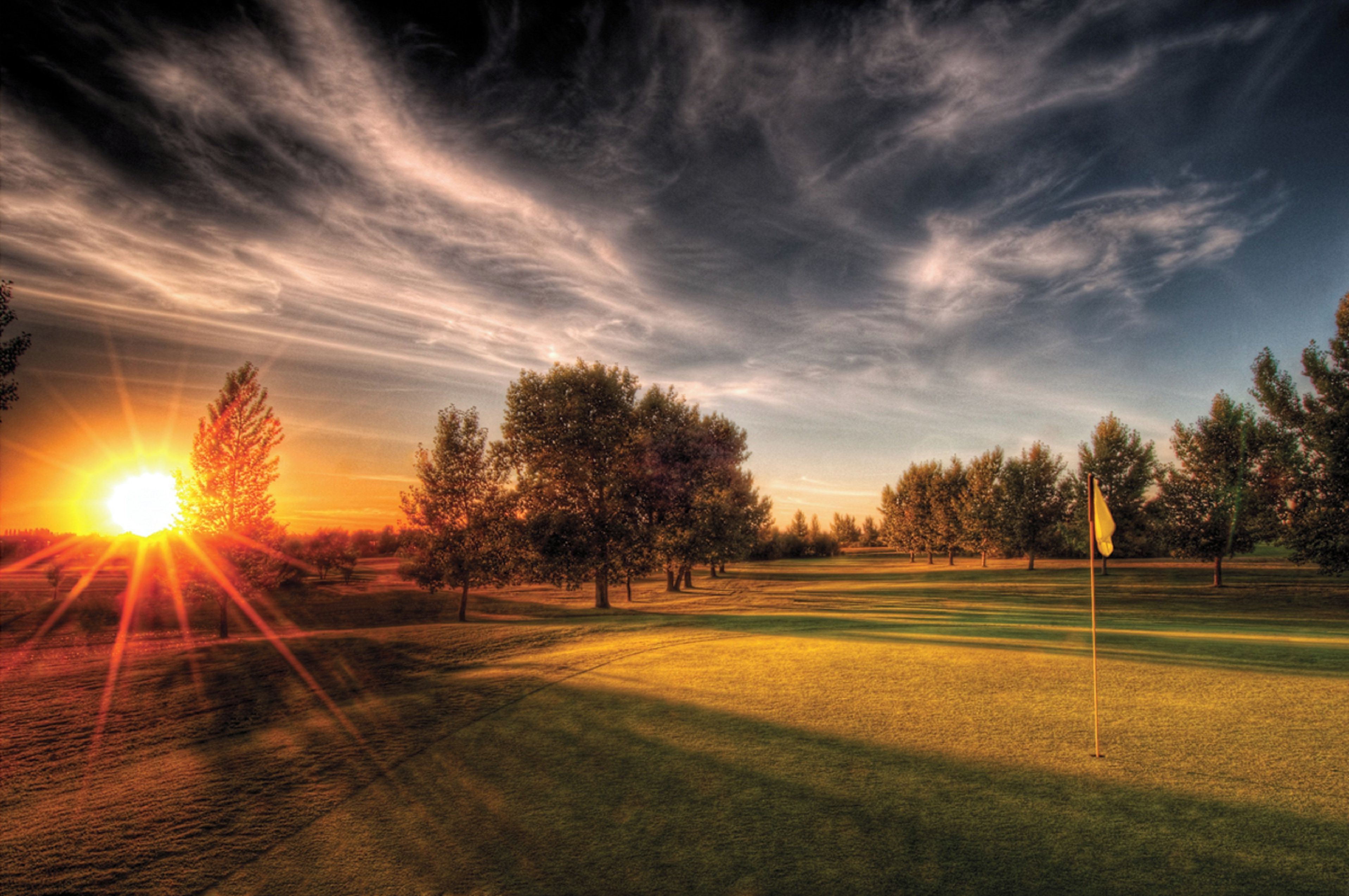 A golf course with a flagstick, trees, and a sunset.
