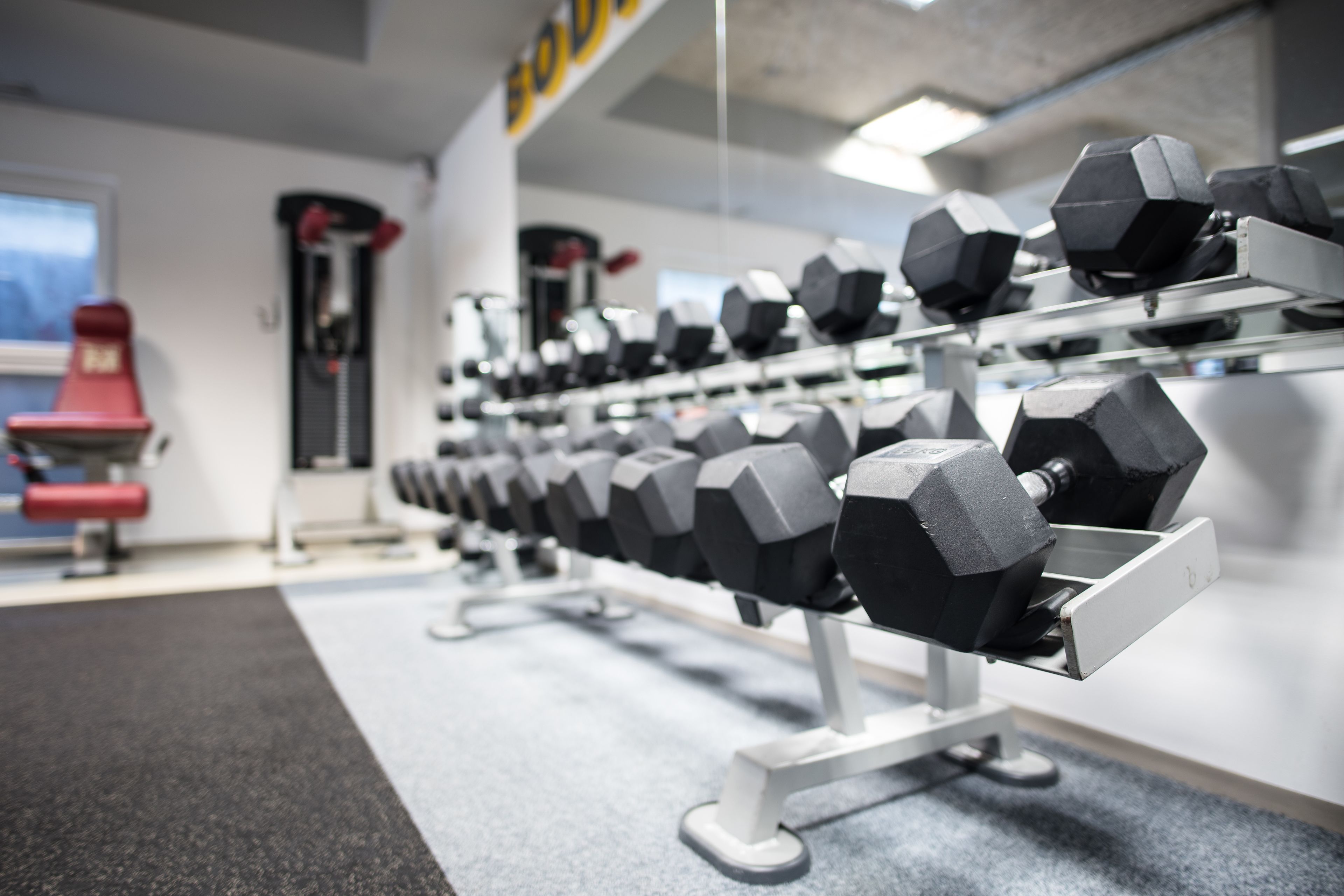 A gym with rows of hexagonal dumbbells on racks.
