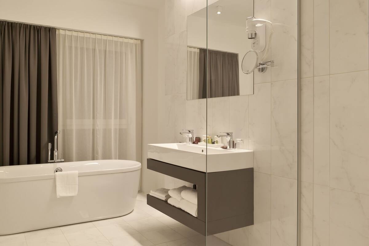 hair dryer, bathrobes, bidet, towels