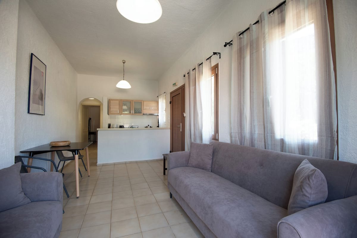 Ein Wohnzimmer mit einer Couch, einem Esstisch und einer Küche im Hintergrund.