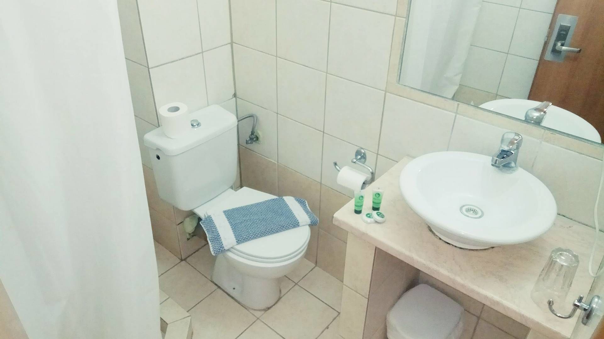 A small bathroom with a toilet, sink, and mirror.