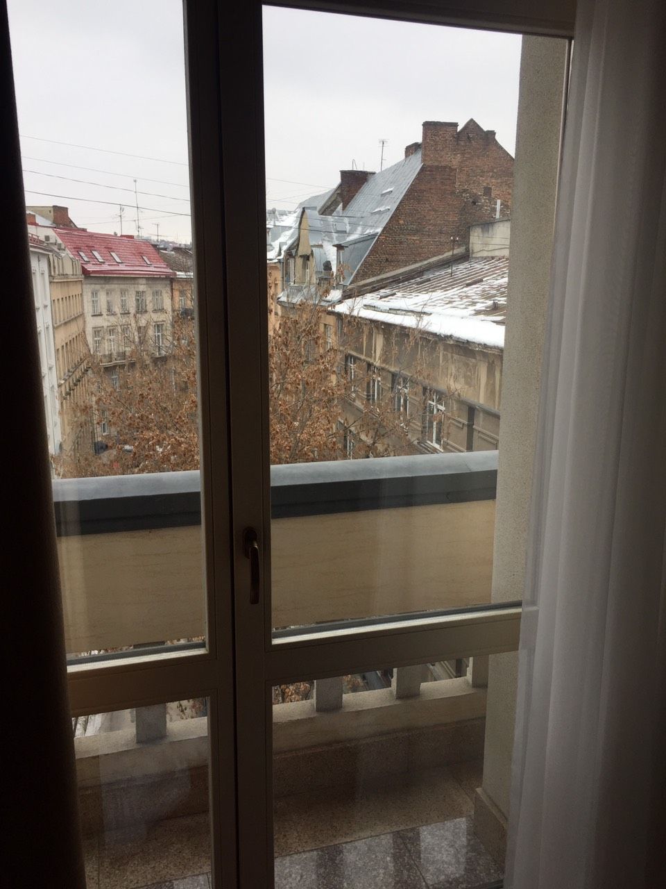 A view from a window with a metal railing, overlooking a street with buildings and a snow-covered roof.