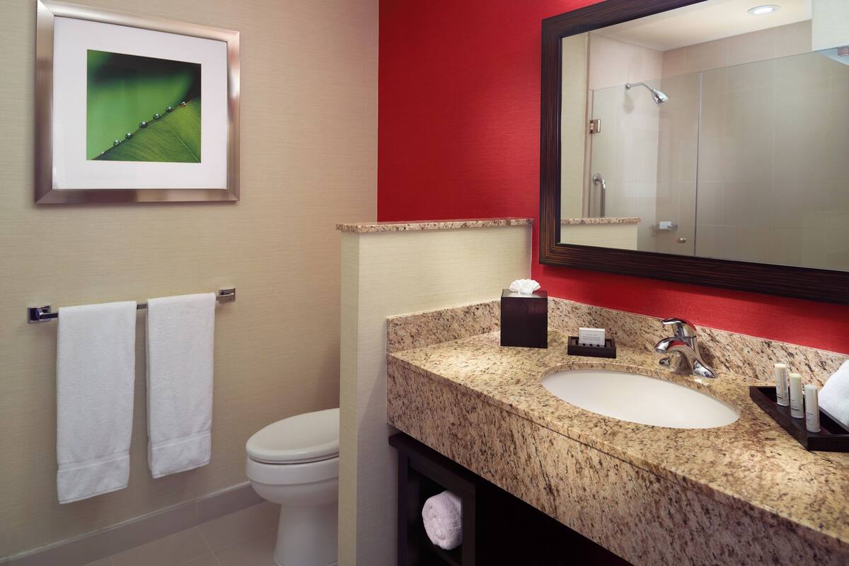 shower, rainfall showerhead, designer toiletries, hair dryer