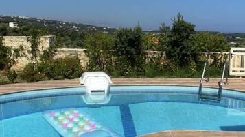 Seasonal outdoor pool, pool umbrellas, pool loungers