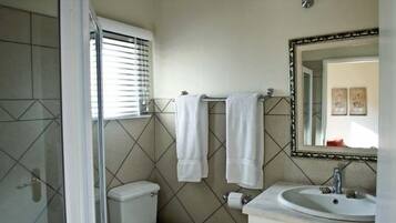 Een badkamer met toilet, wastafel en spiegel met decoratieve lijst.