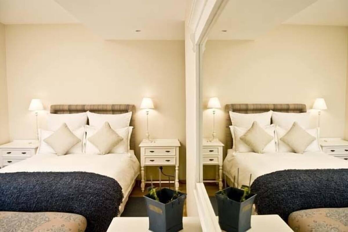 A mirrored hotel room with a bed, bedside tables, lamps, and a plant.