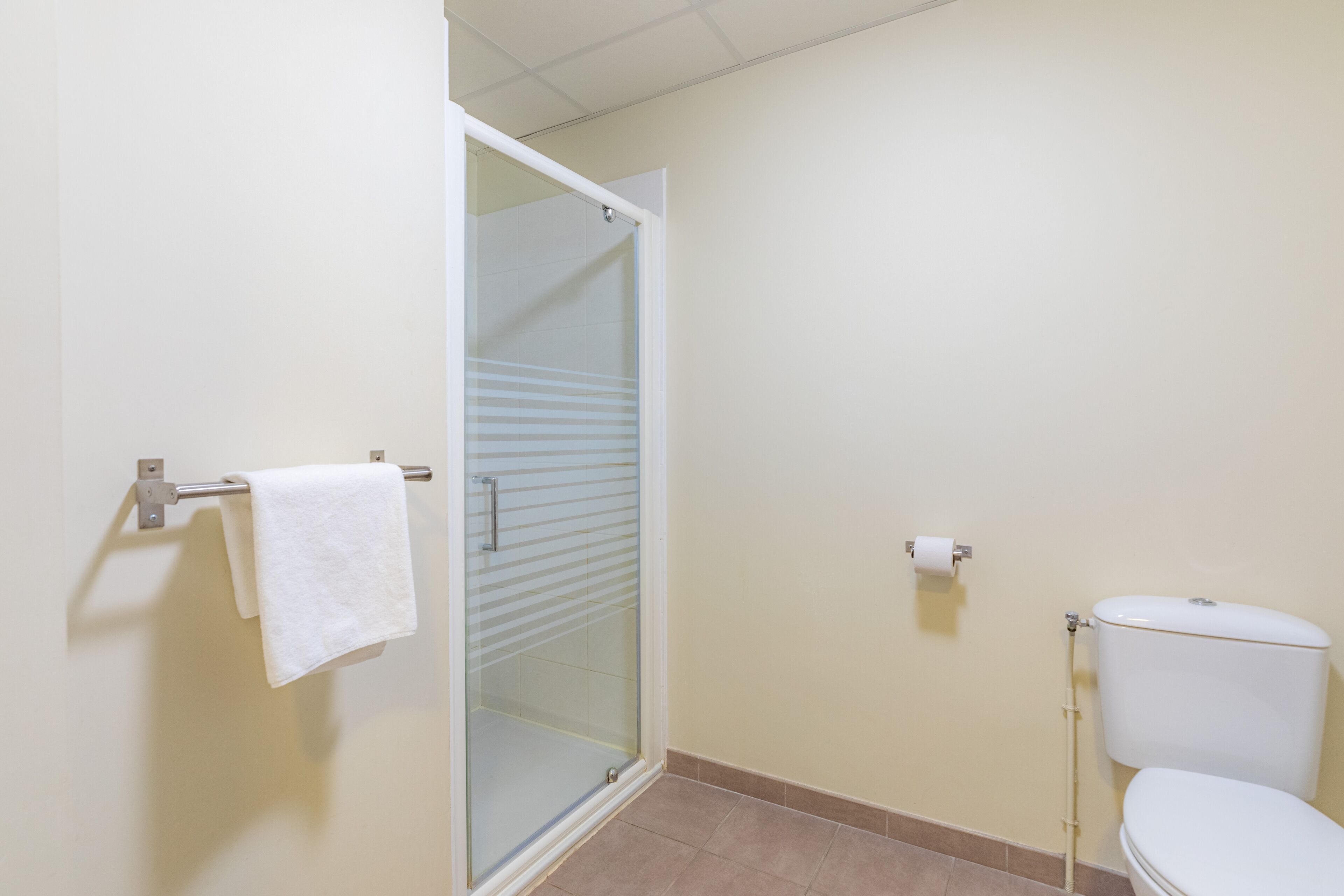 A bathroom with a glass shower door, a toilet, and a towel rack.