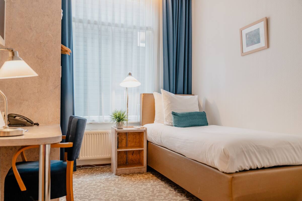A hotel room with a bed, a desk with a lamp, a chair, a small table with a plant, and a window with curtains.