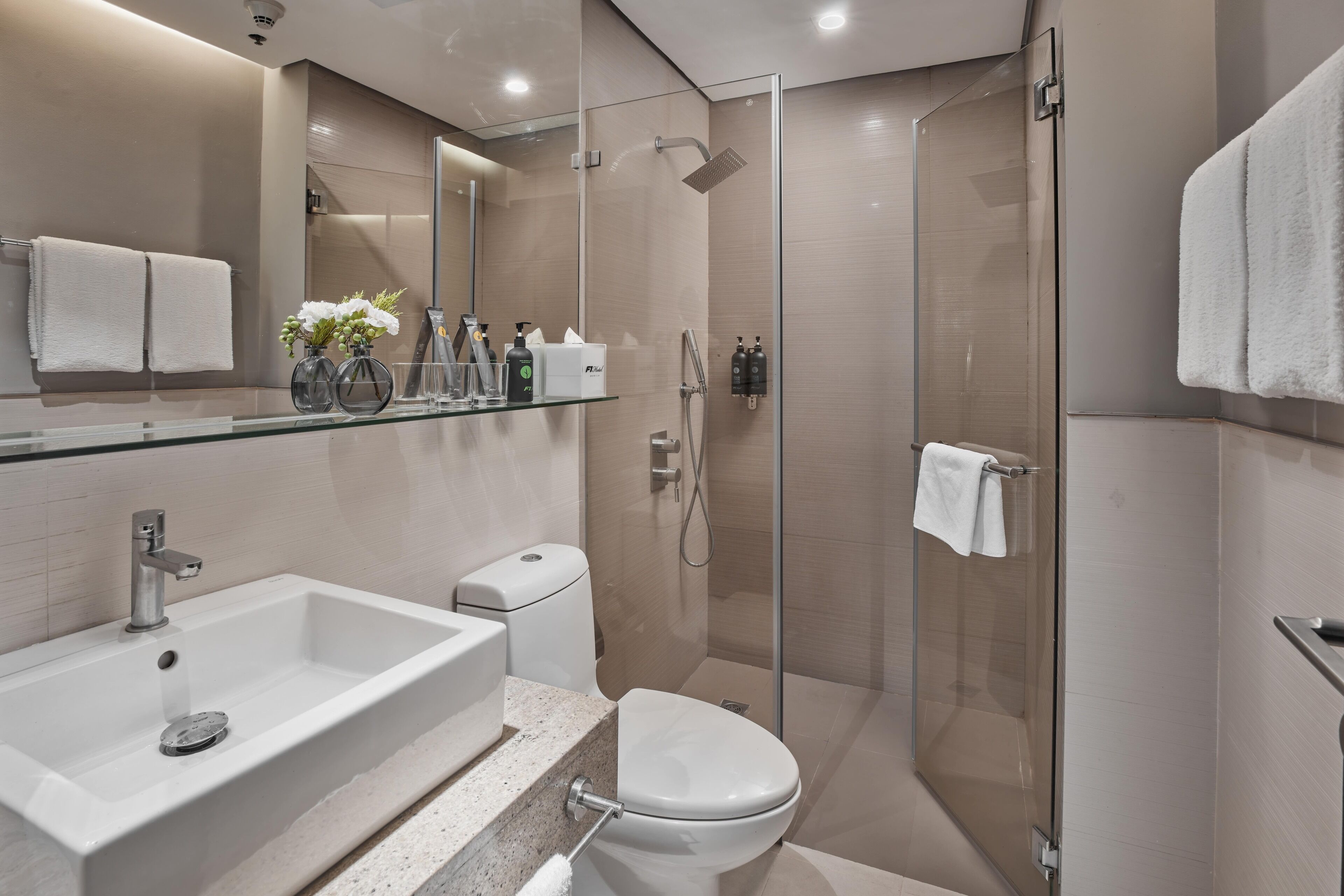 A modern bathroom with a glass-enclosed shower, a white toilet, and a granite countertop.