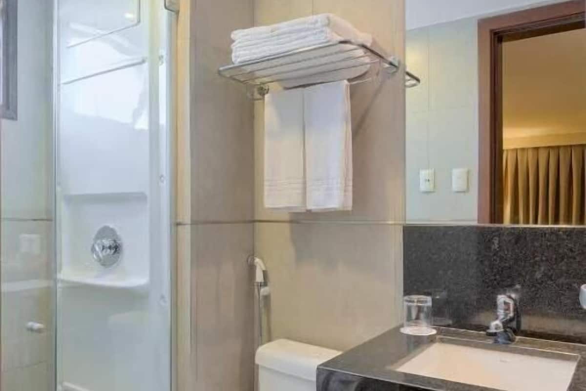 shower, eco-friendly toiletries, hair dryer, towels