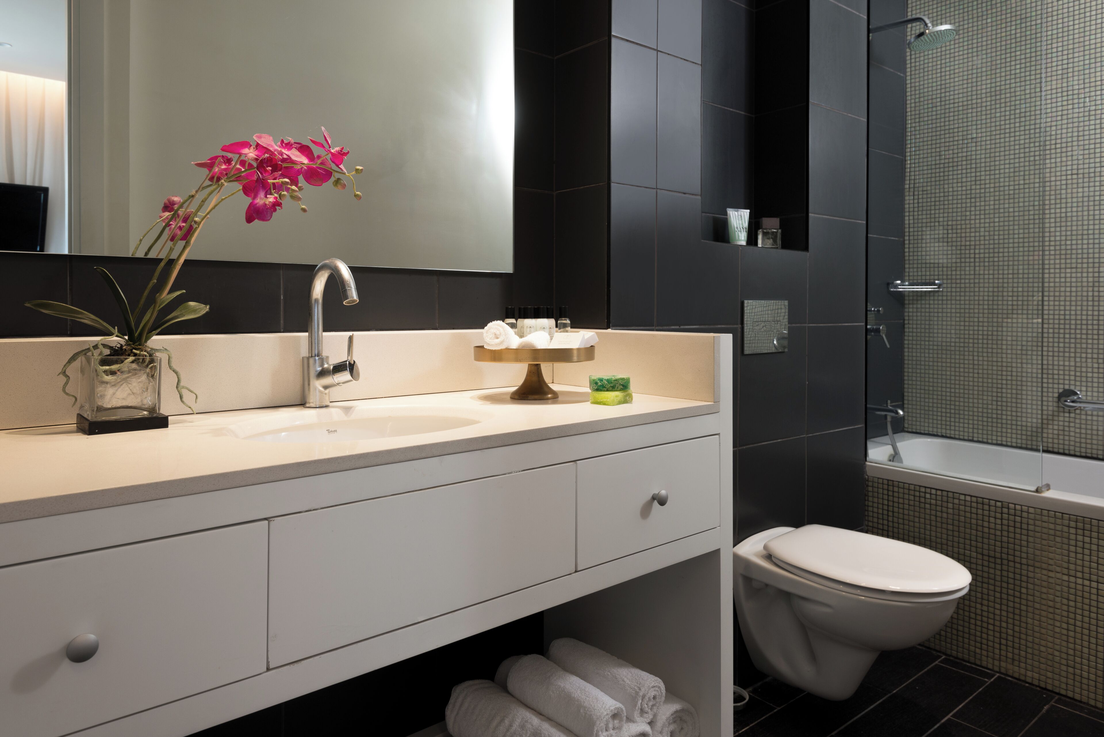 Een moderne badkamer met een wastafel, spiegel, toilet en douche.